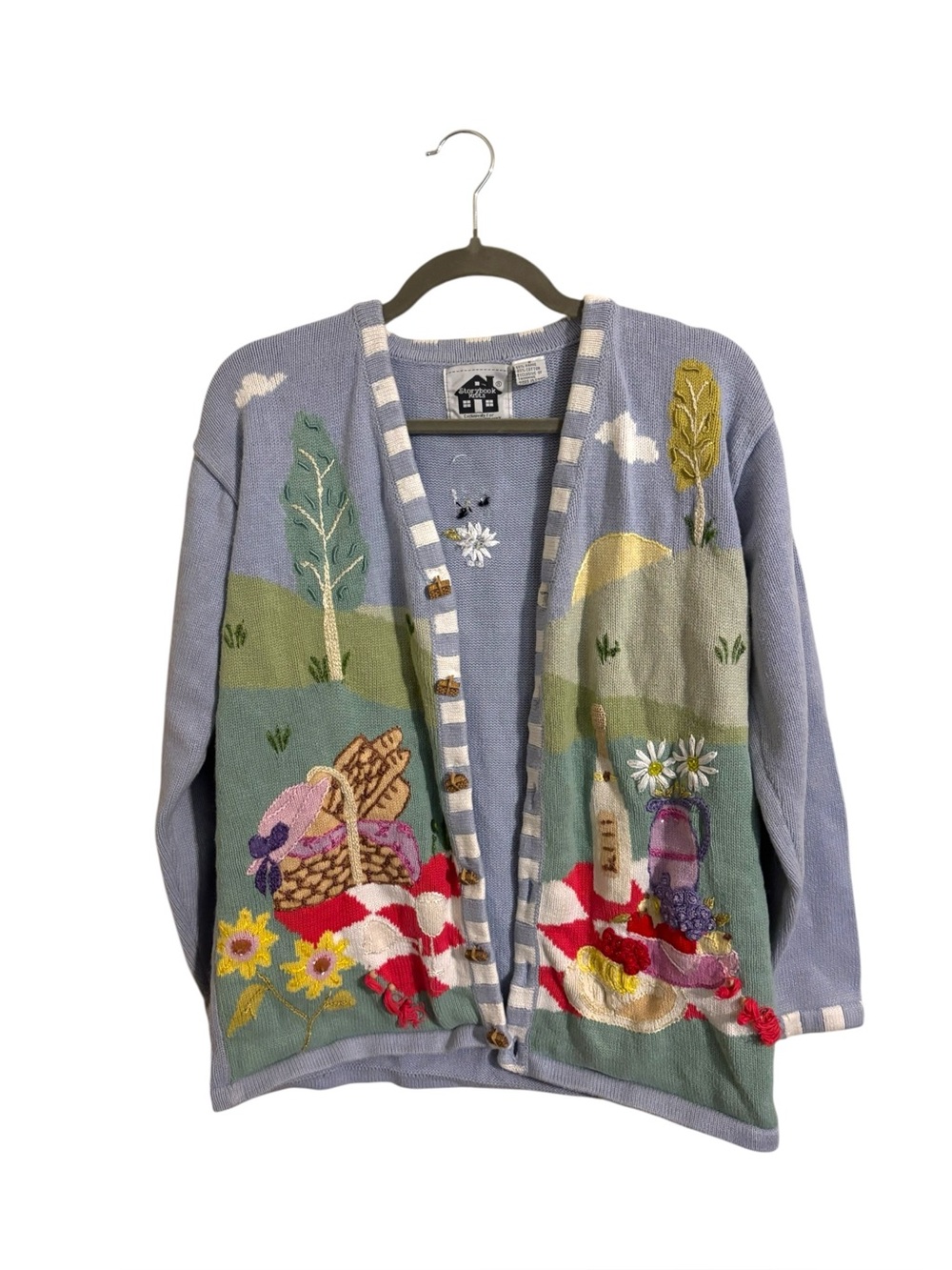 Storybook Knits Blue Picnic Embroidered Print Cardigan Small